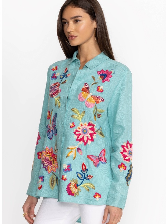 Johnny Was Tops - JOHNNY WAS GRACEY LINEN EMBROIRDERED OVERSIZED SHIRT LARGE
